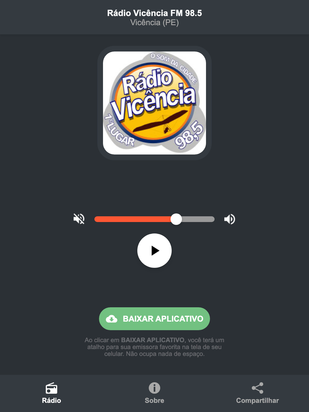 Screenshot do aplicativo da Rádio Vicência FM 98.5