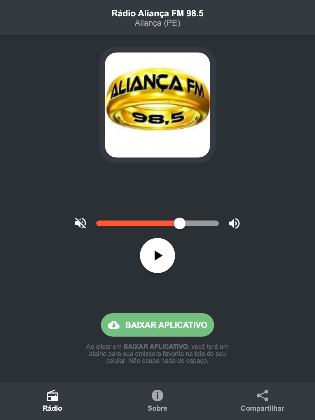 Screenshot do aplicativo da Rádio Aliança FM 98.5