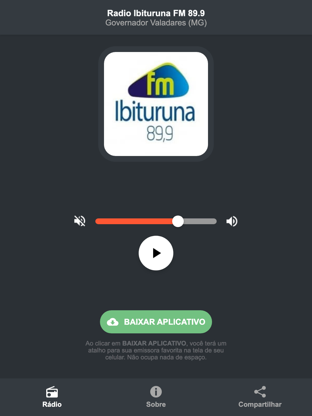 Screenshot do aplicativo da Radio Ibituruna FM 89.9