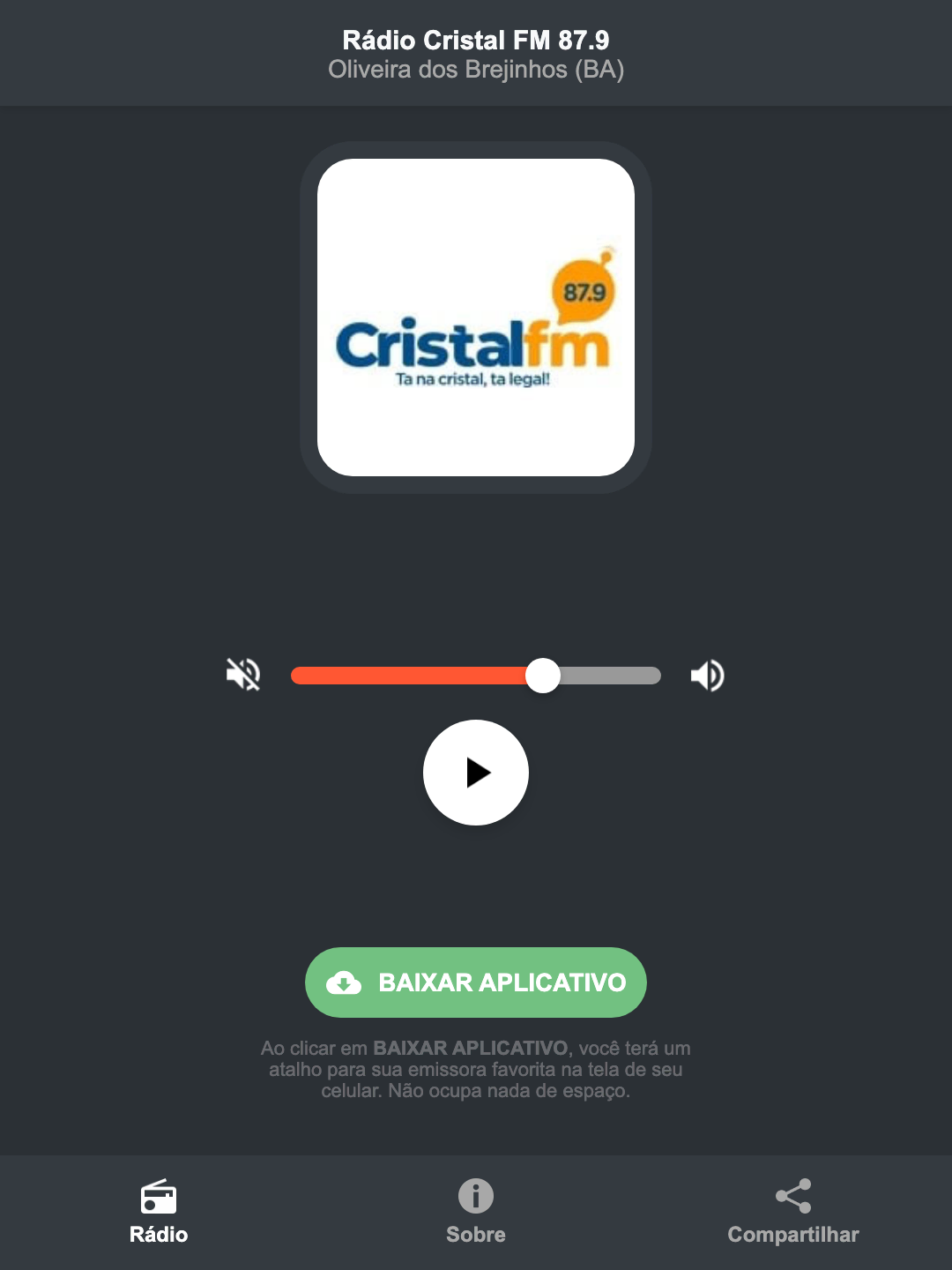 Screenshot do aplicativo da Rádio Cristal FM 87.9