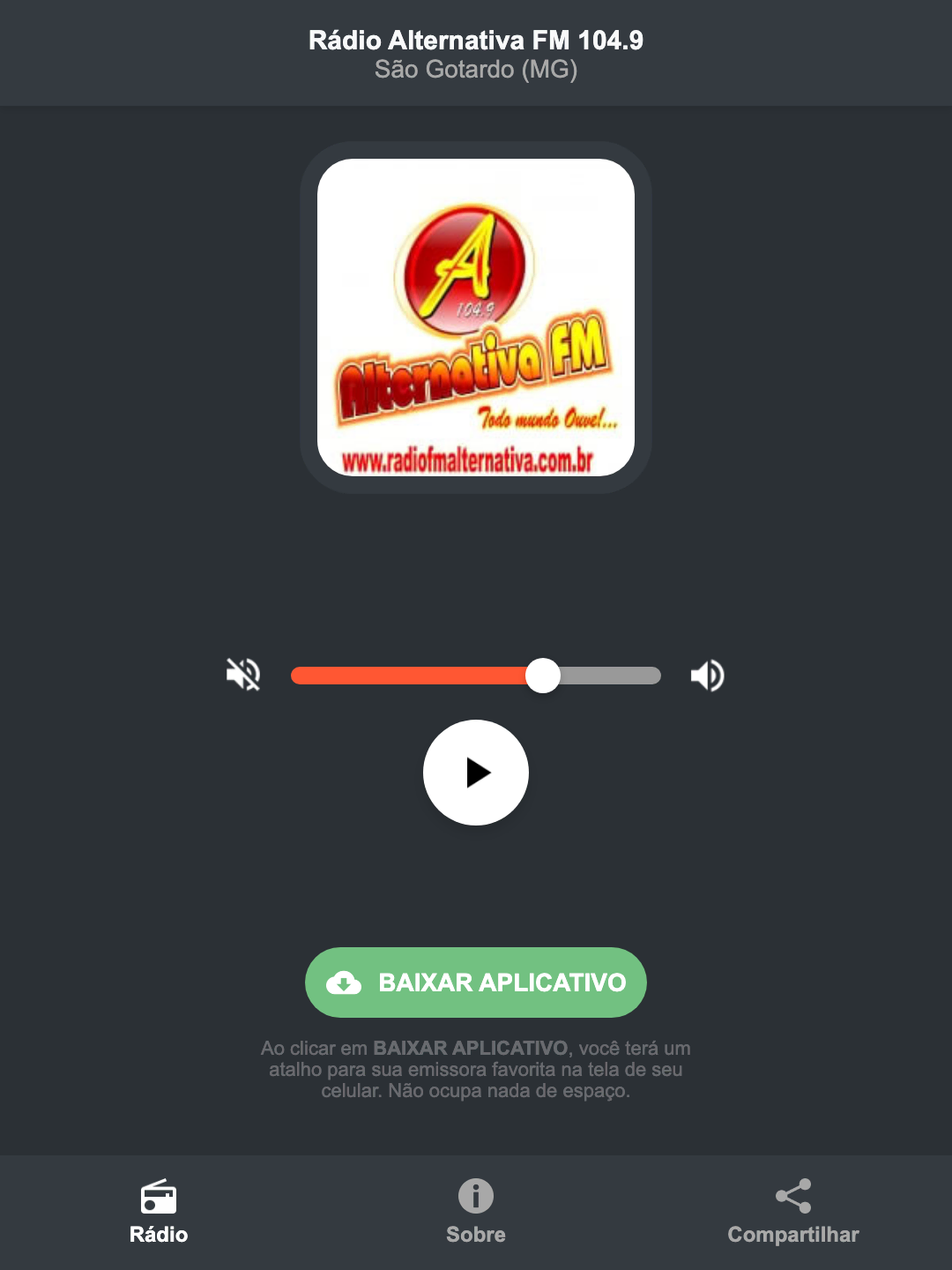 Screenshot do aplicativo da Rádio Alternativa FM 104.9