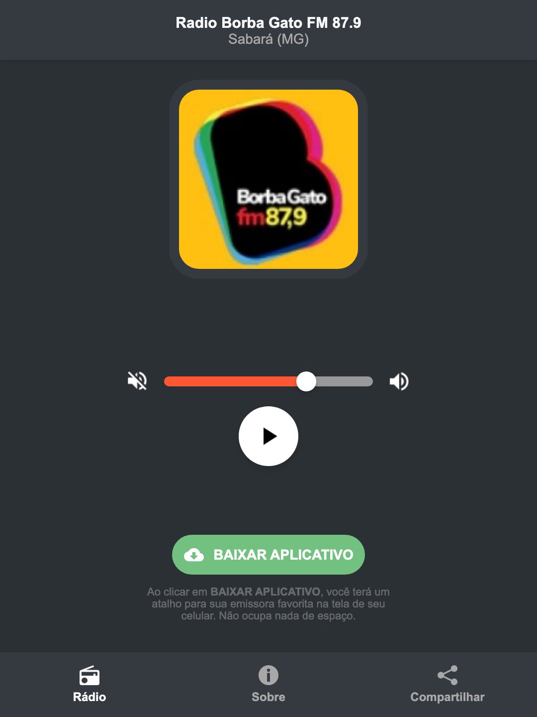 Screenshot do aplicativo da Radio Borba Gato FM 87.9