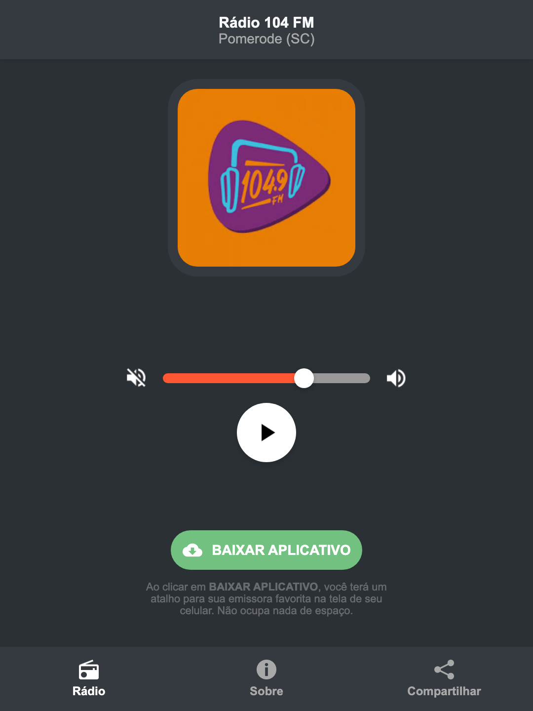 Screenshot do aplicativo da Rádio 104 FM