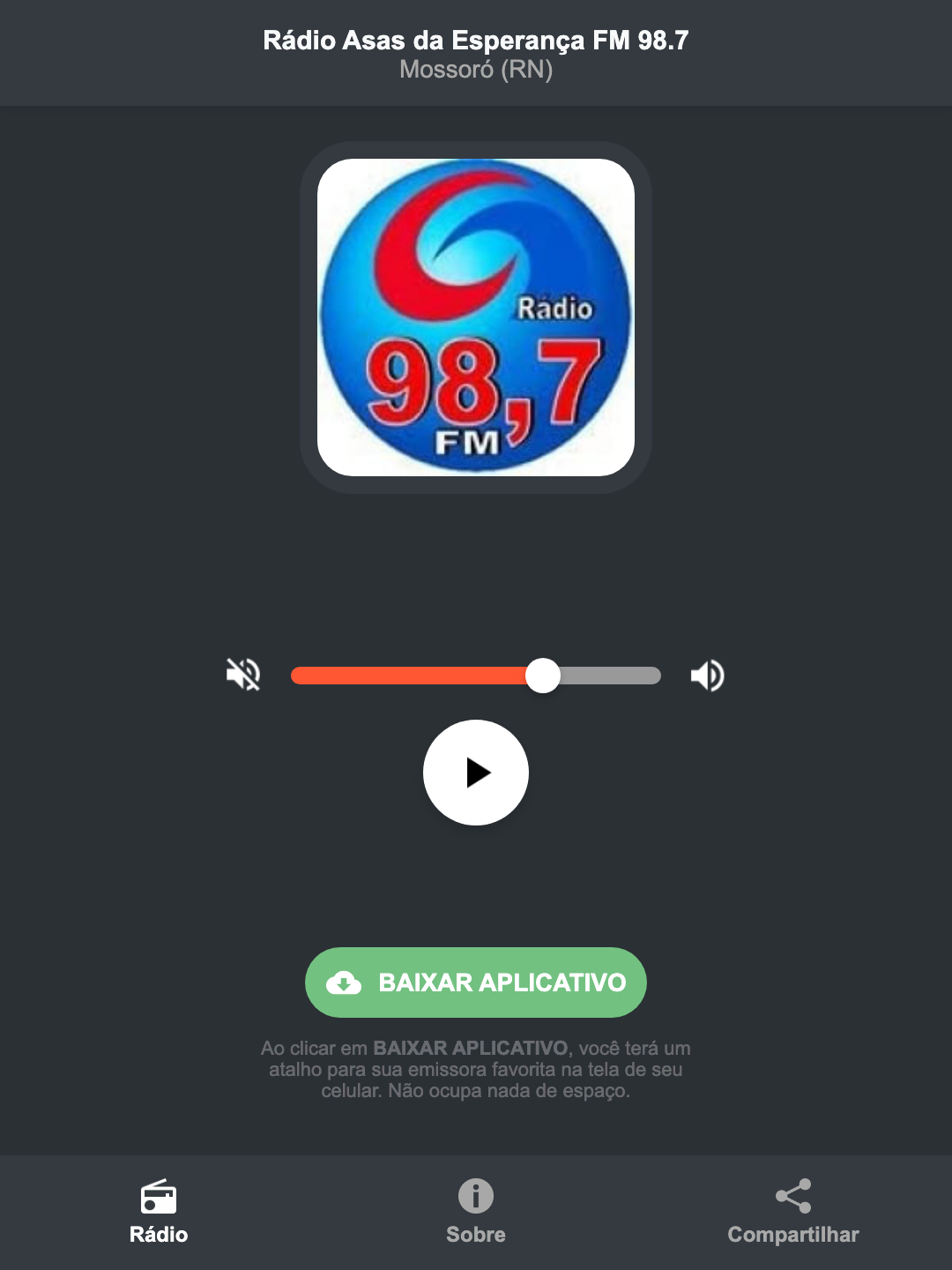Screenshot do aplicativo da Rádio Asas da Esperança FM 98.7
