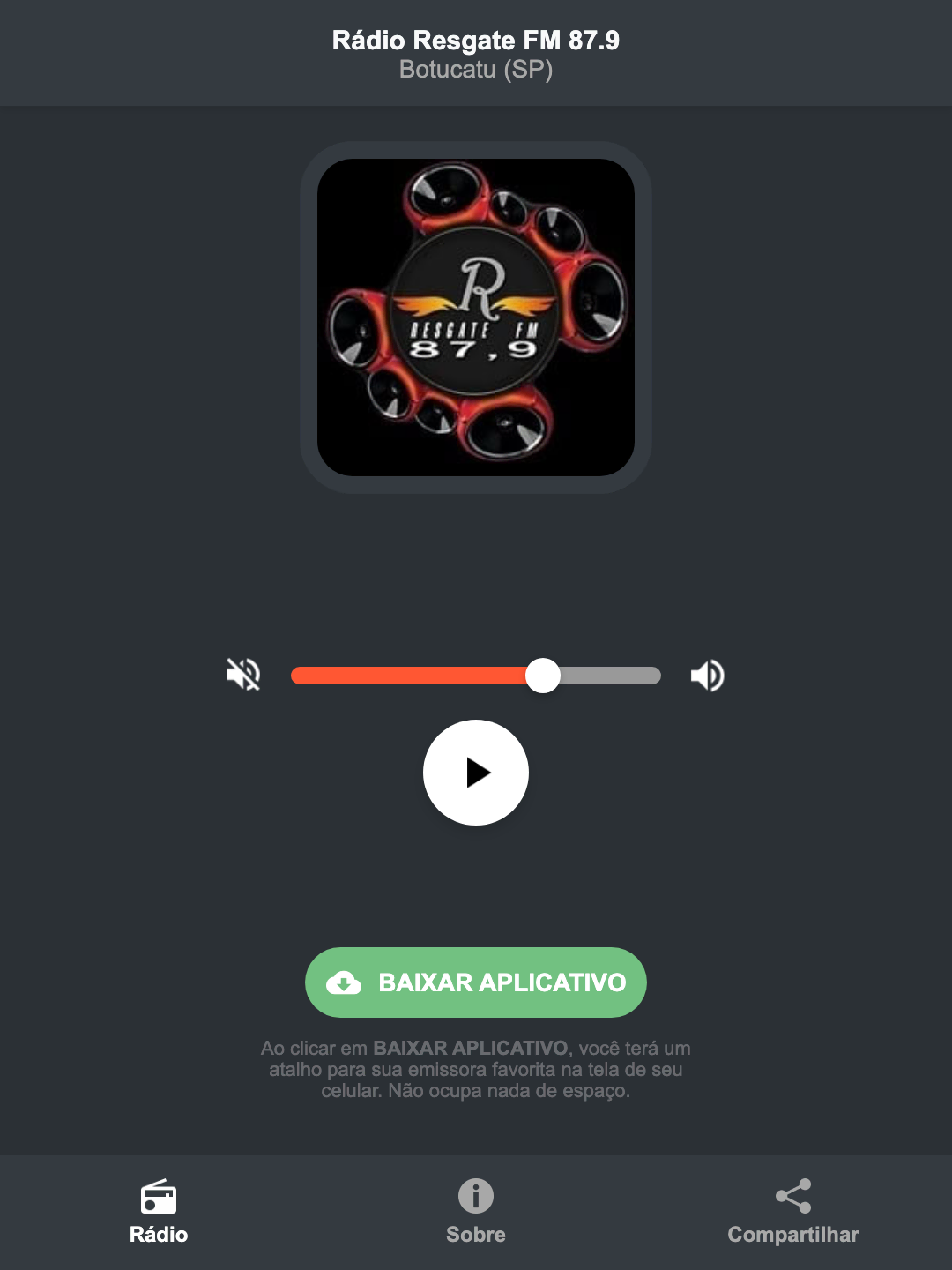 Screenshot do aplicativo da Rádio Resgate FM 87.9