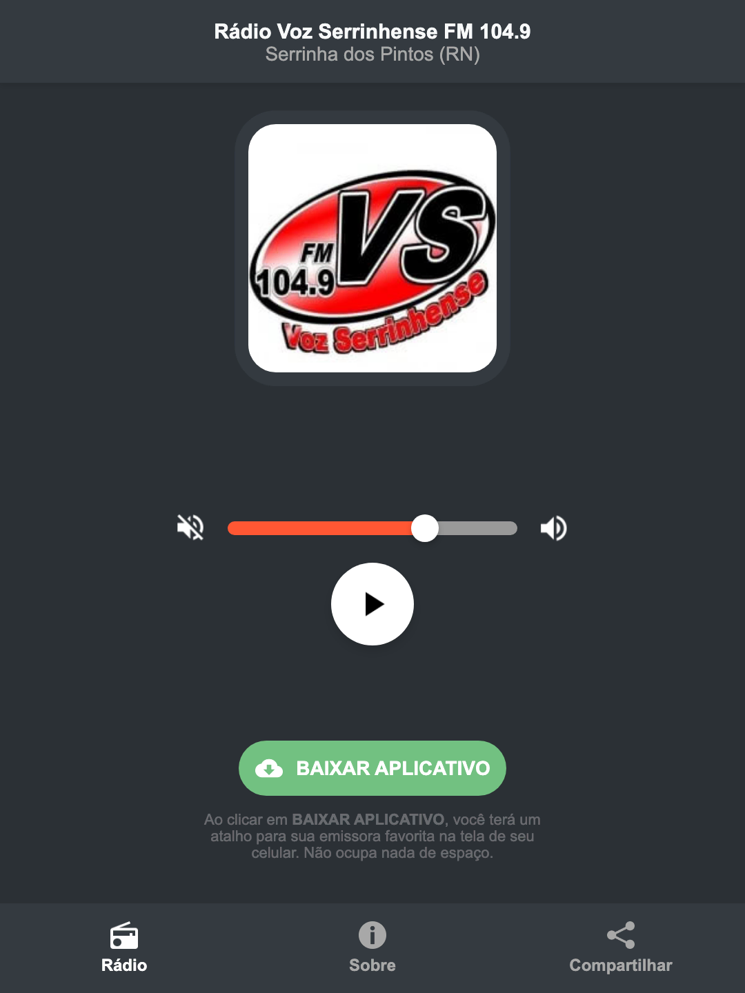 Screenshot do aplicativo da Rádio Voz Serrinhense FM 104.9