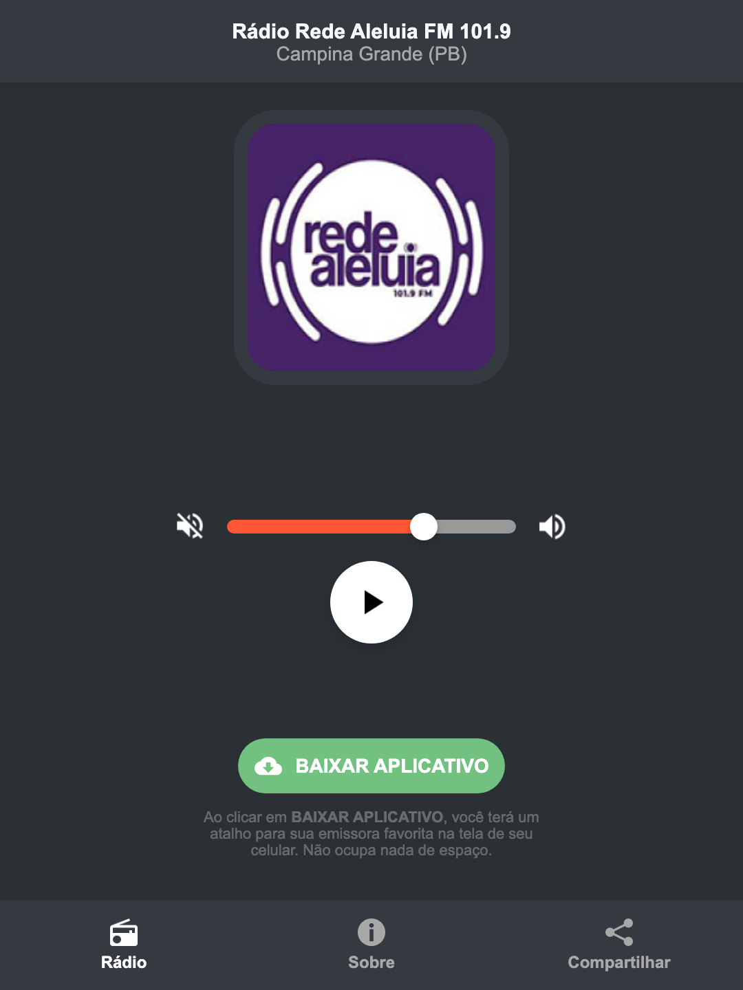 Screenshot do aplicativo da Rádio Rede Aleluia FM 101.9
