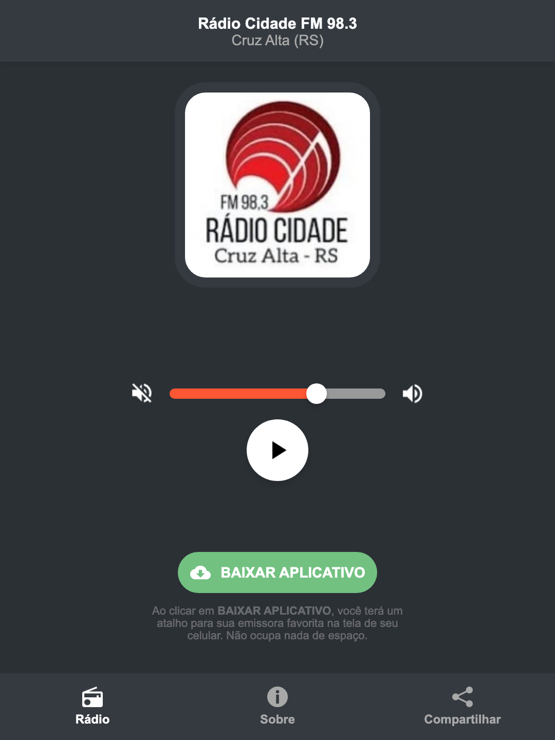 Screenshot do aplicativo da Rádio Cidade FM 98.3