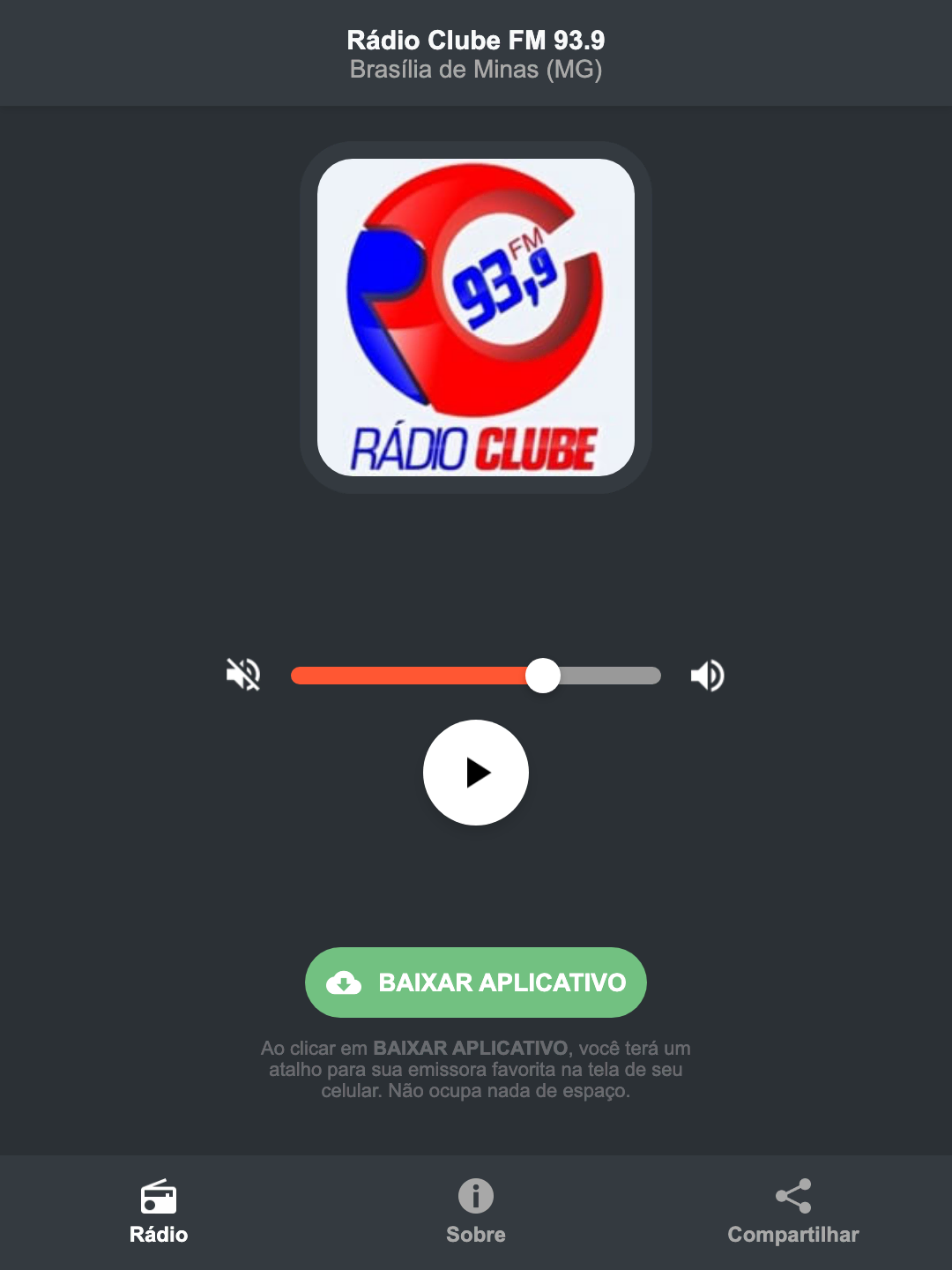 Screenshot do aplicativo da Rádio Clube FM 93.9