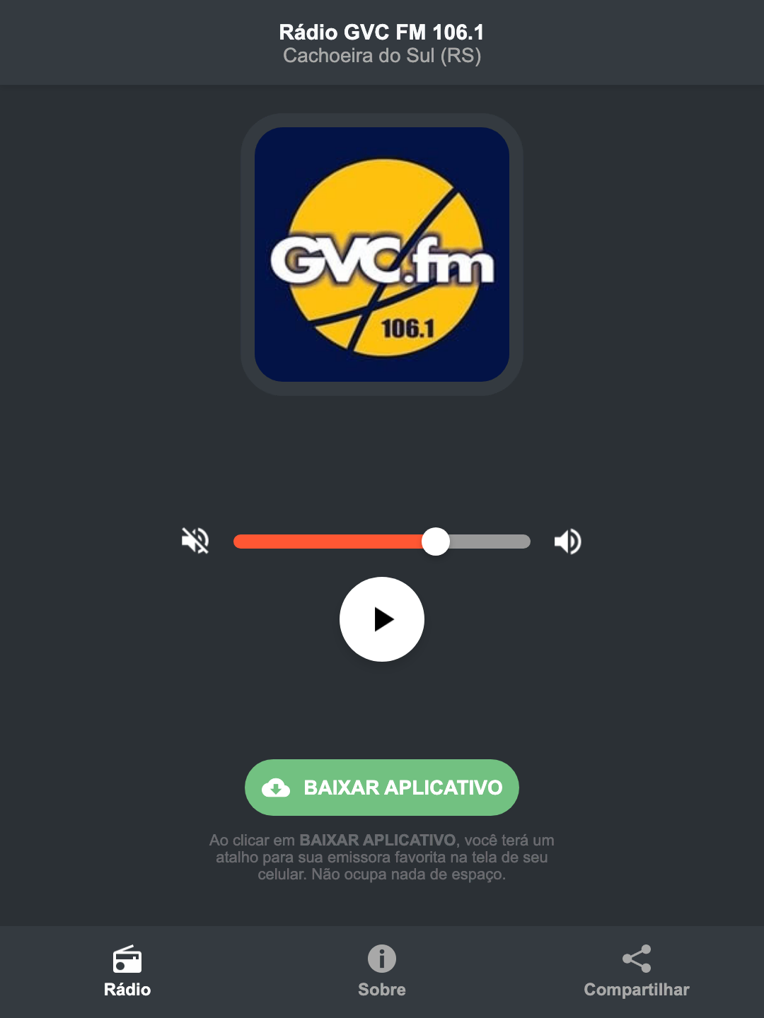 Screenshot do aplicativo da Rádio GVC FM 106.1