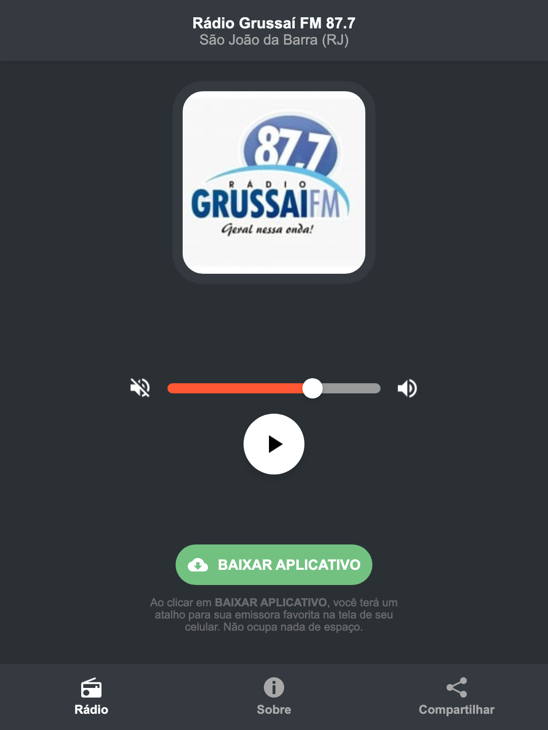 Screenshot do aplicativo da Rádio Grussaí FM 87.7