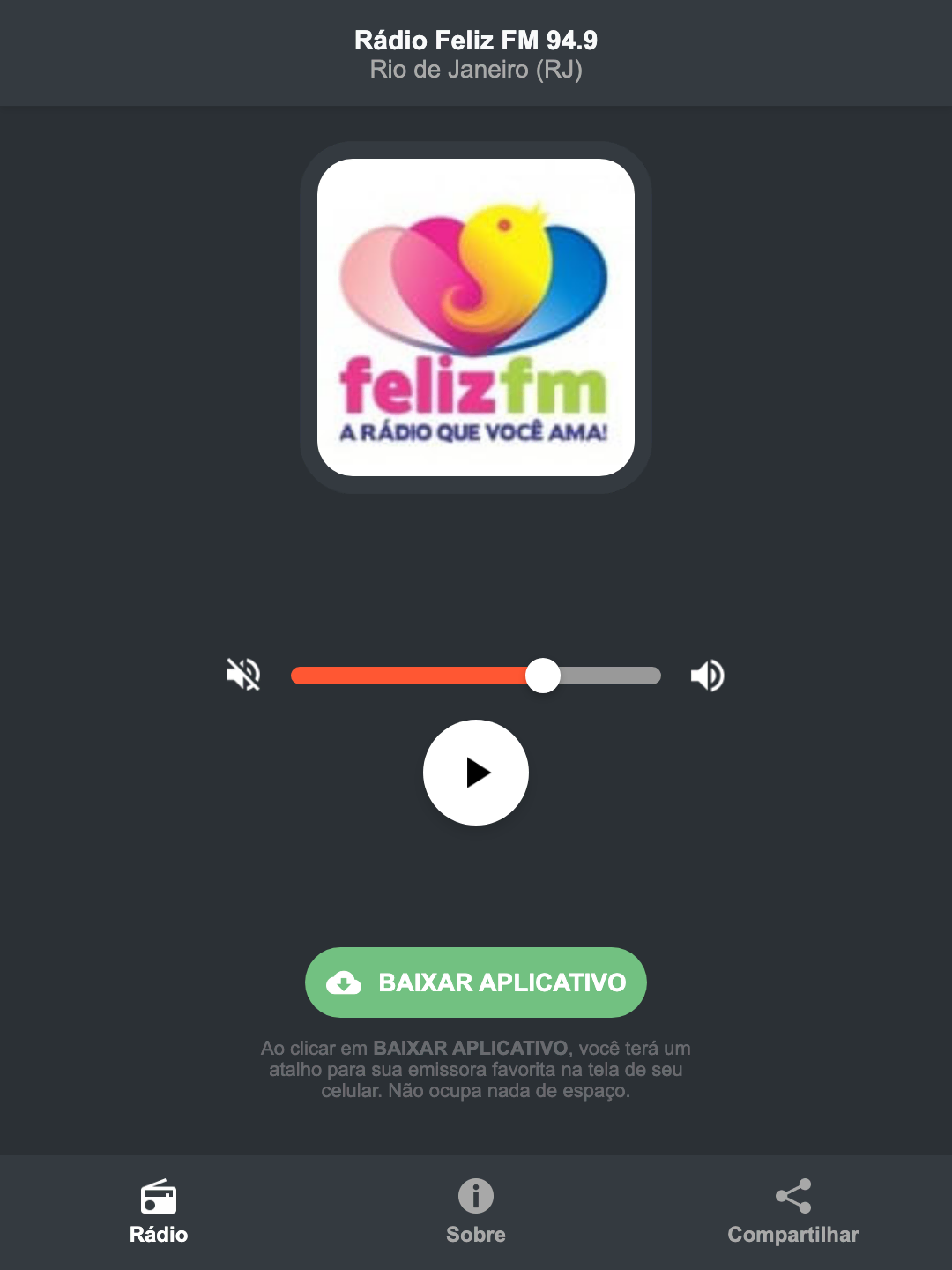 Screenshot do aplicativo da Rádio Feliz FM 94.9