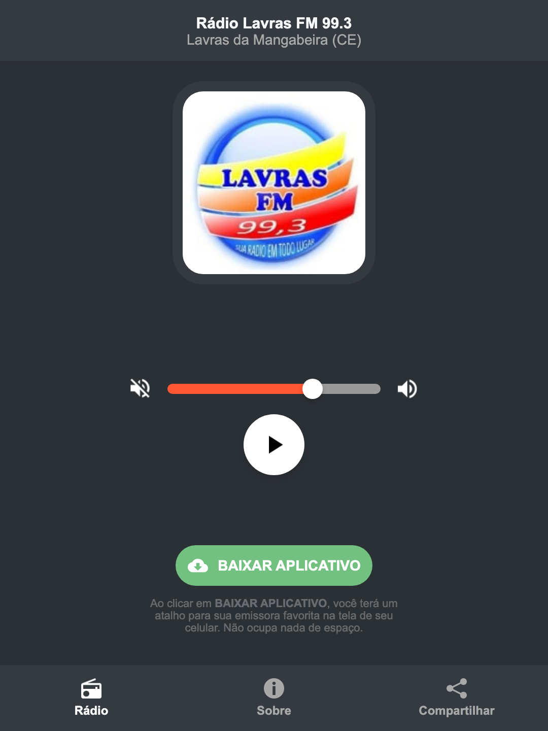 Screenshot do aplicativo da Rádio Lavras FM 99.3