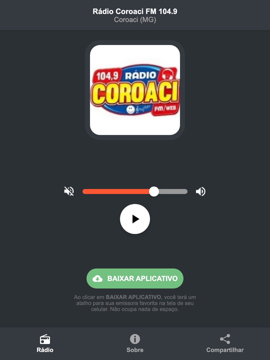 Screenshot do aplicativo da Rádio Coroaci FM 104.9
