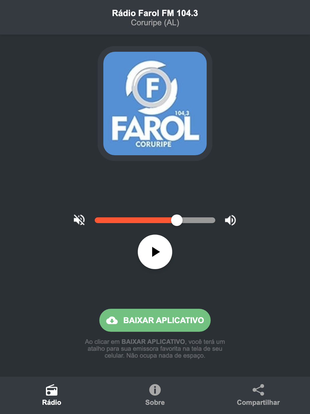 Screenshot do aplicativo da Rádio Farol FM 104.3
