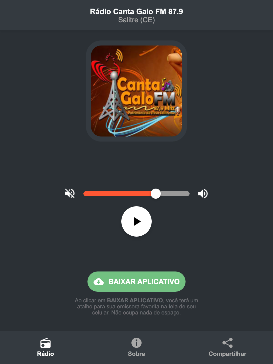 Screenshot do aplicativo da Rádio Canta Galo FM 87.9