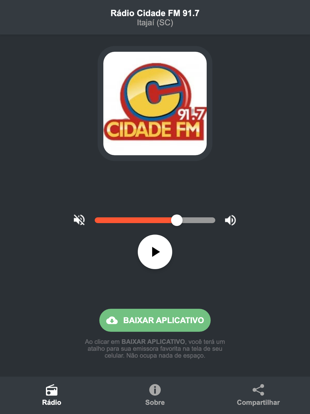 Screenshot do aplicativo da Rádio Cidade FM 91.7