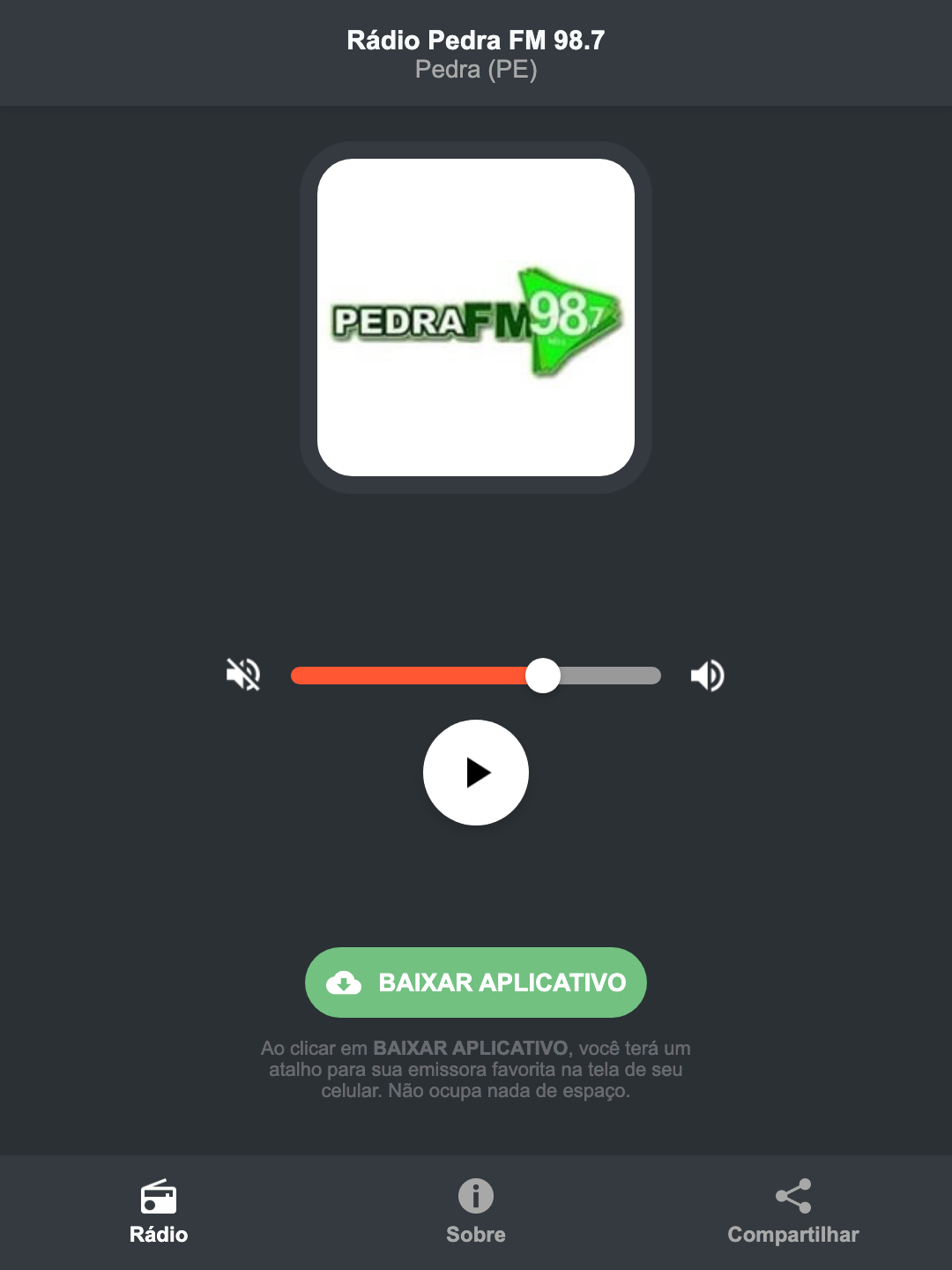 Screenshot do aplicativo da Rádio Pedra FM 98.7