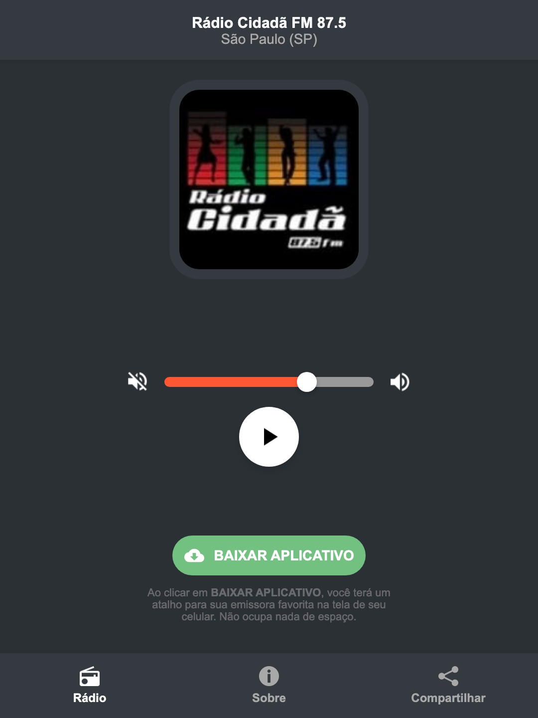 Screenshot do aplicativo da Rádio Cidadã FM 87.5