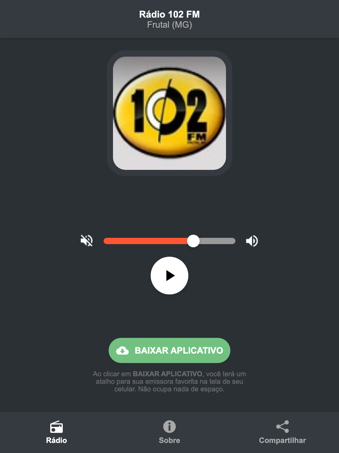 Screenshot do aplicativo da Rádio 102 FM