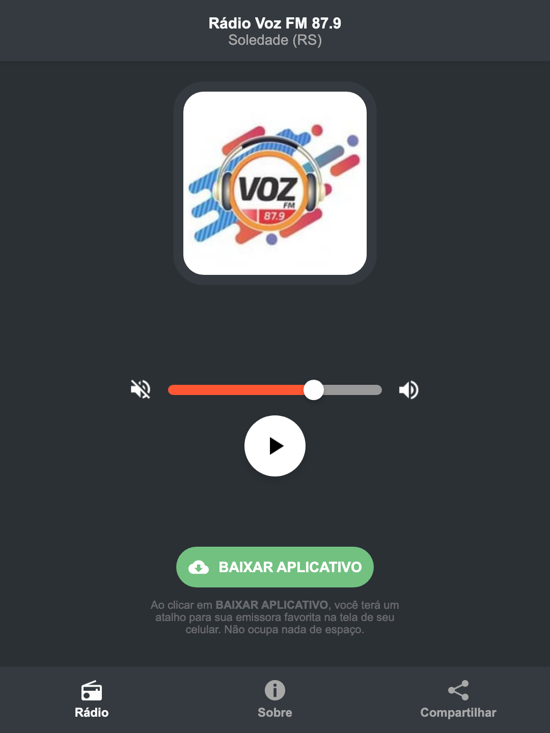 Screenshot do aplicativo da Rádio Voz FM 87.9