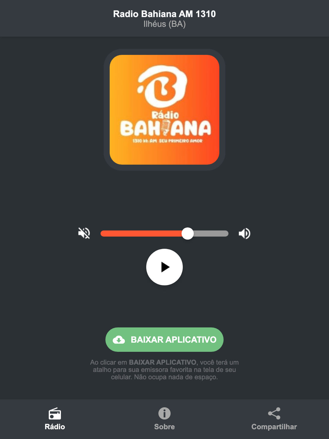 Screenshot do aplicativo da Radio Bahiana AM 1310