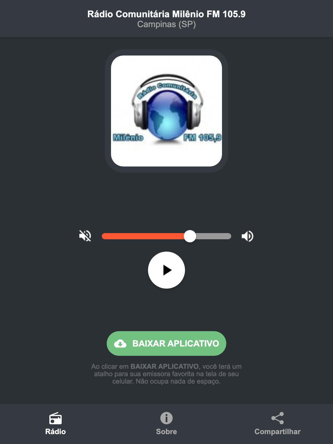 Screenshot do aplicativo da Rádio Comunitária Milênio FM 105.9