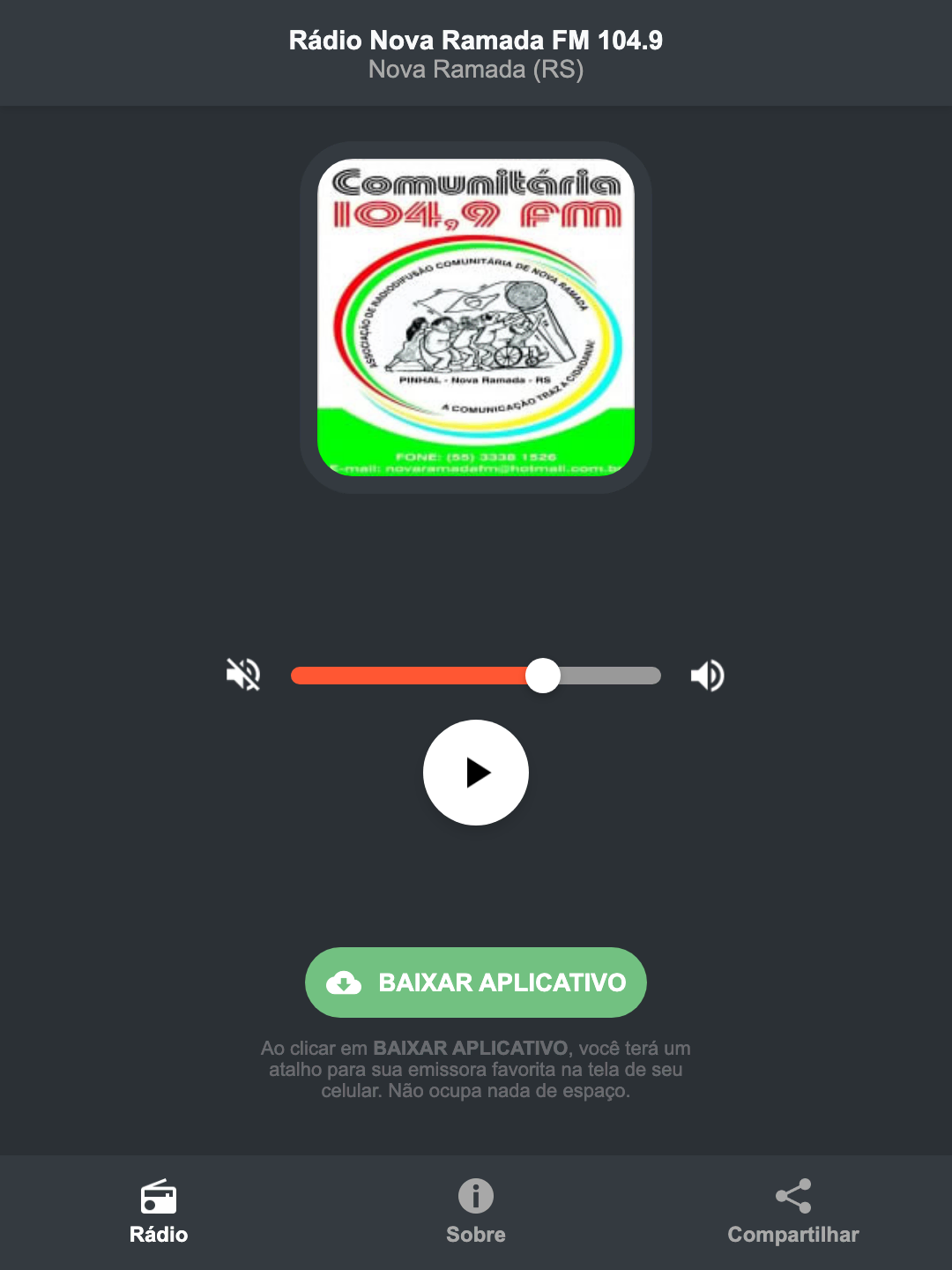 Screenshot do aplicativo da Rádio Nova Ramada FM 104.9