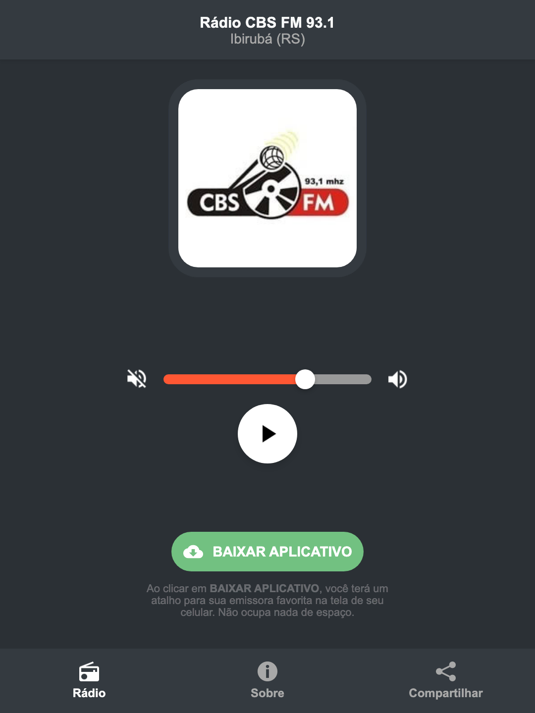 Screenshot do aplicativo da Rádio CBS FM 93.1