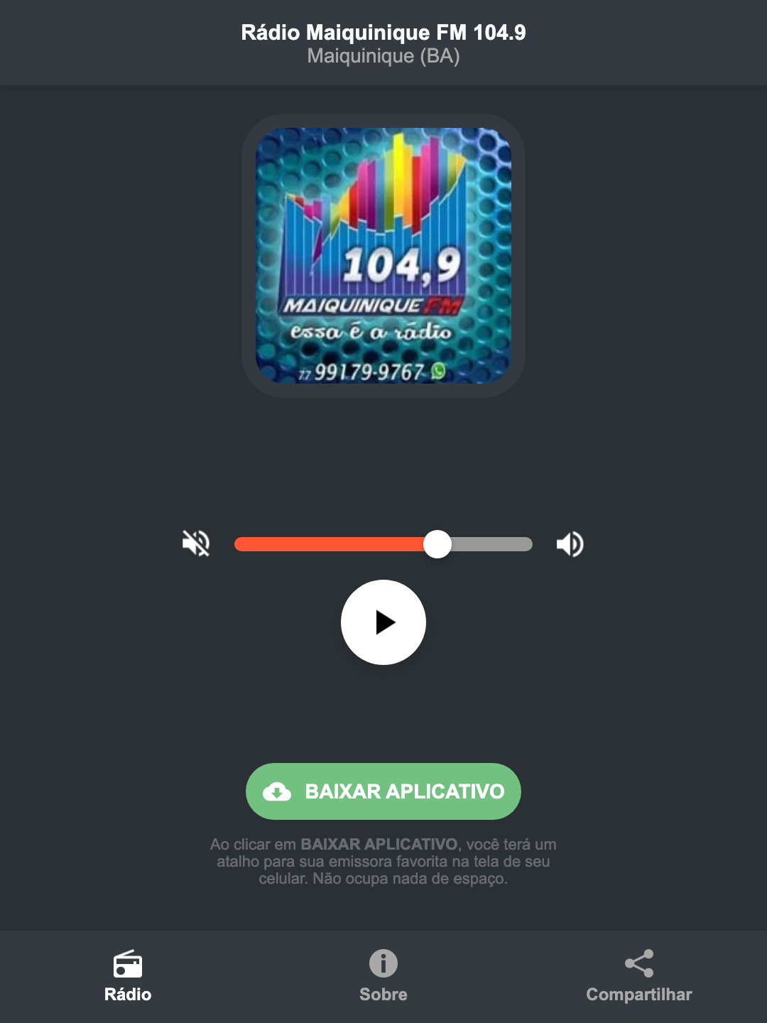 Screenshot do aplicativo da Rádio Maiquinique FM 104.9