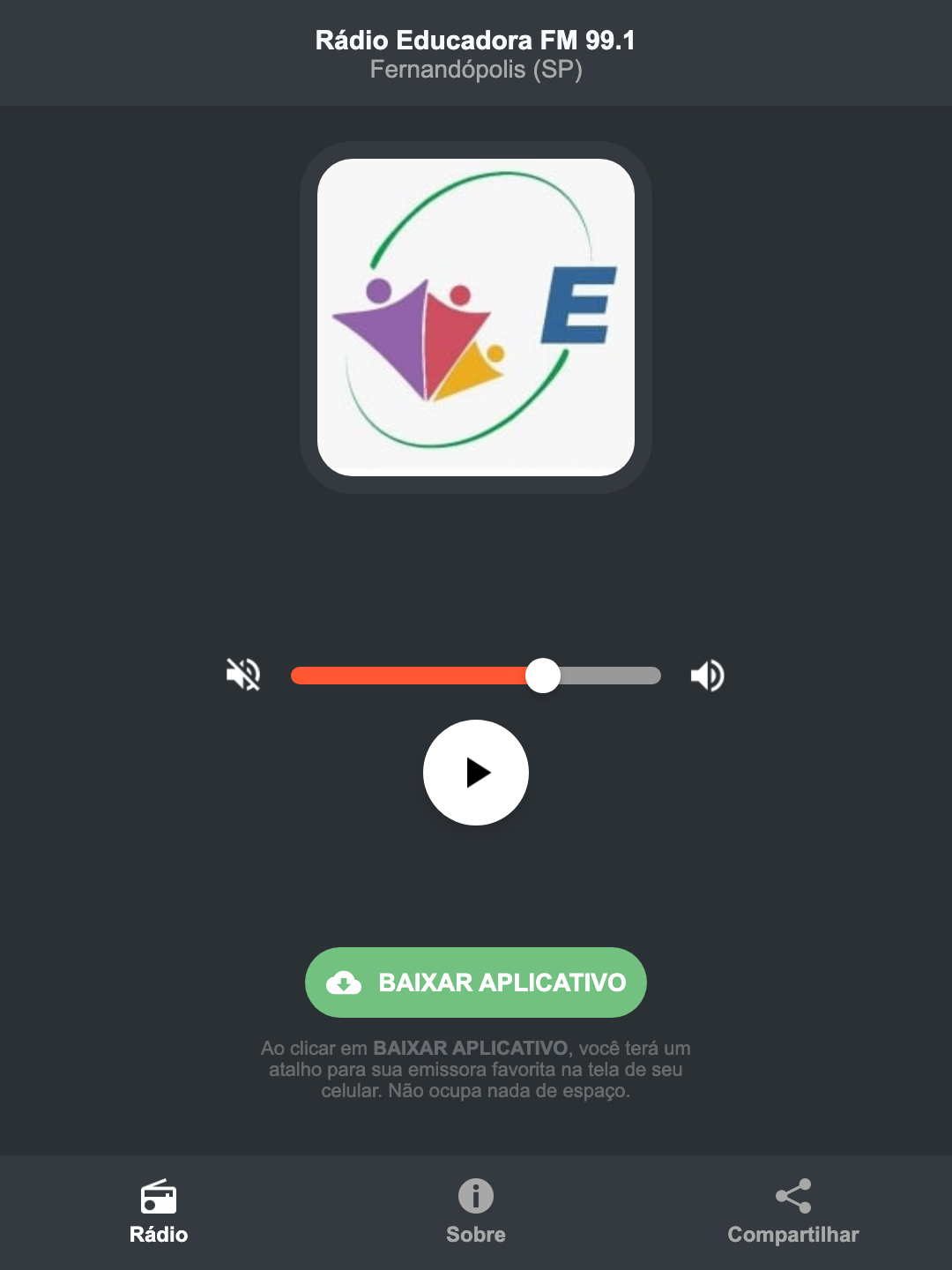 Screenshot do aplicativo da Rádio Educadora FM 99.1