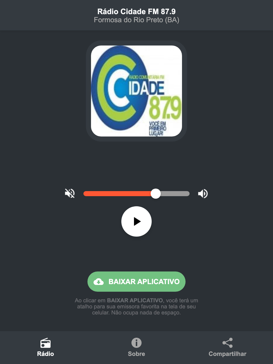 Screenshot do aplicativo da Rádio Cidade FM 87.9