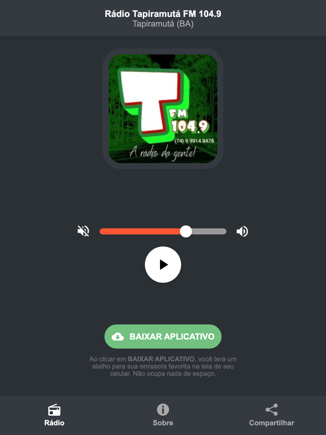 Screenshot do aplicativo da Rádio Tapiramutá FM 104.9
