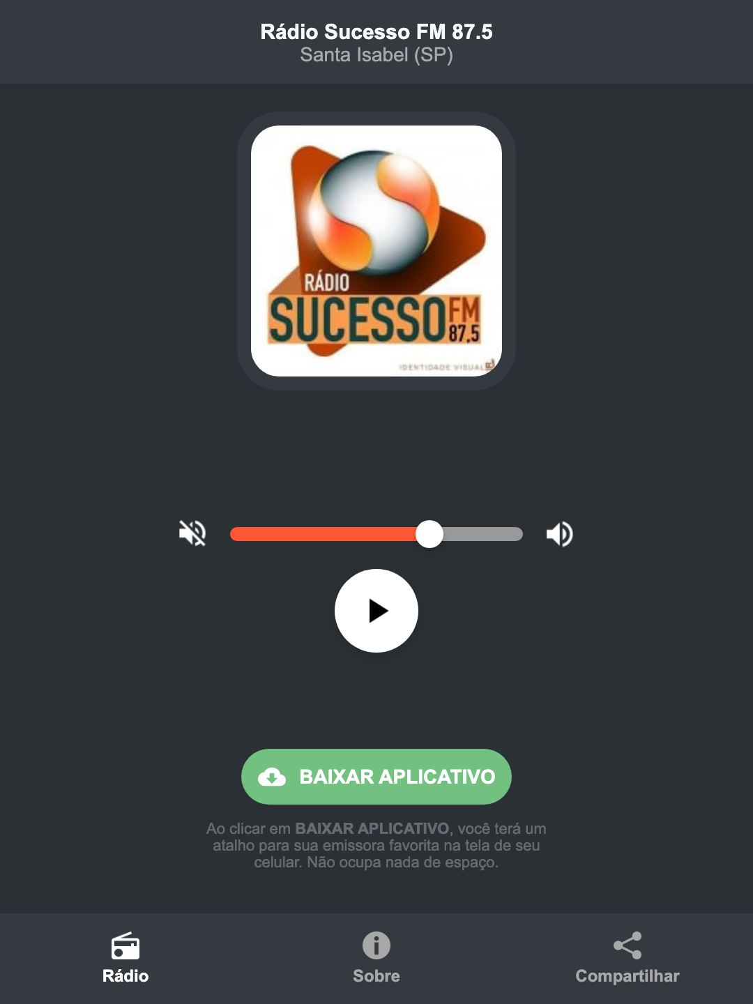 Screenshot do aplicativo da Rádio Sucesso FM 87.5