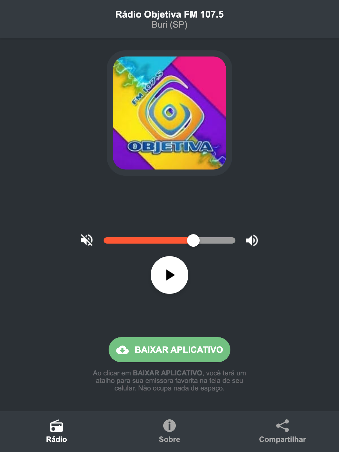 Screenshot do aplicativo da Rádio Objetiva FM 107.5