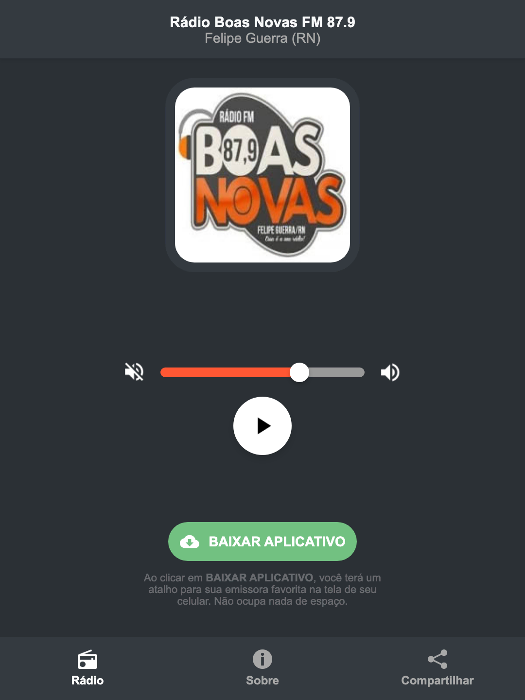 Screenshot do aplicativo da Rádio Boas Novas FM 87.9