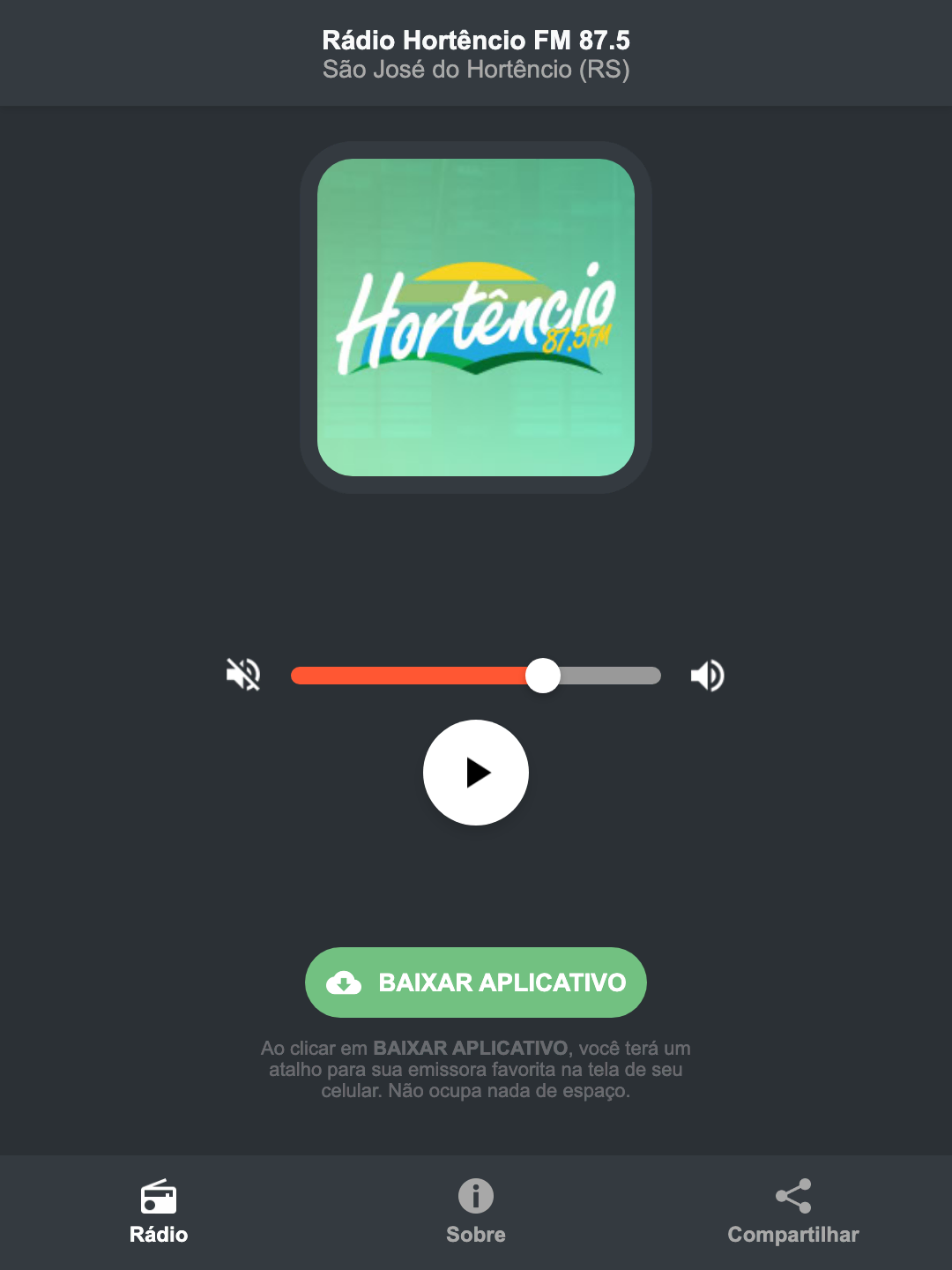 Screenshot do aplicativo da Rádio Hortêncio FM 87.5