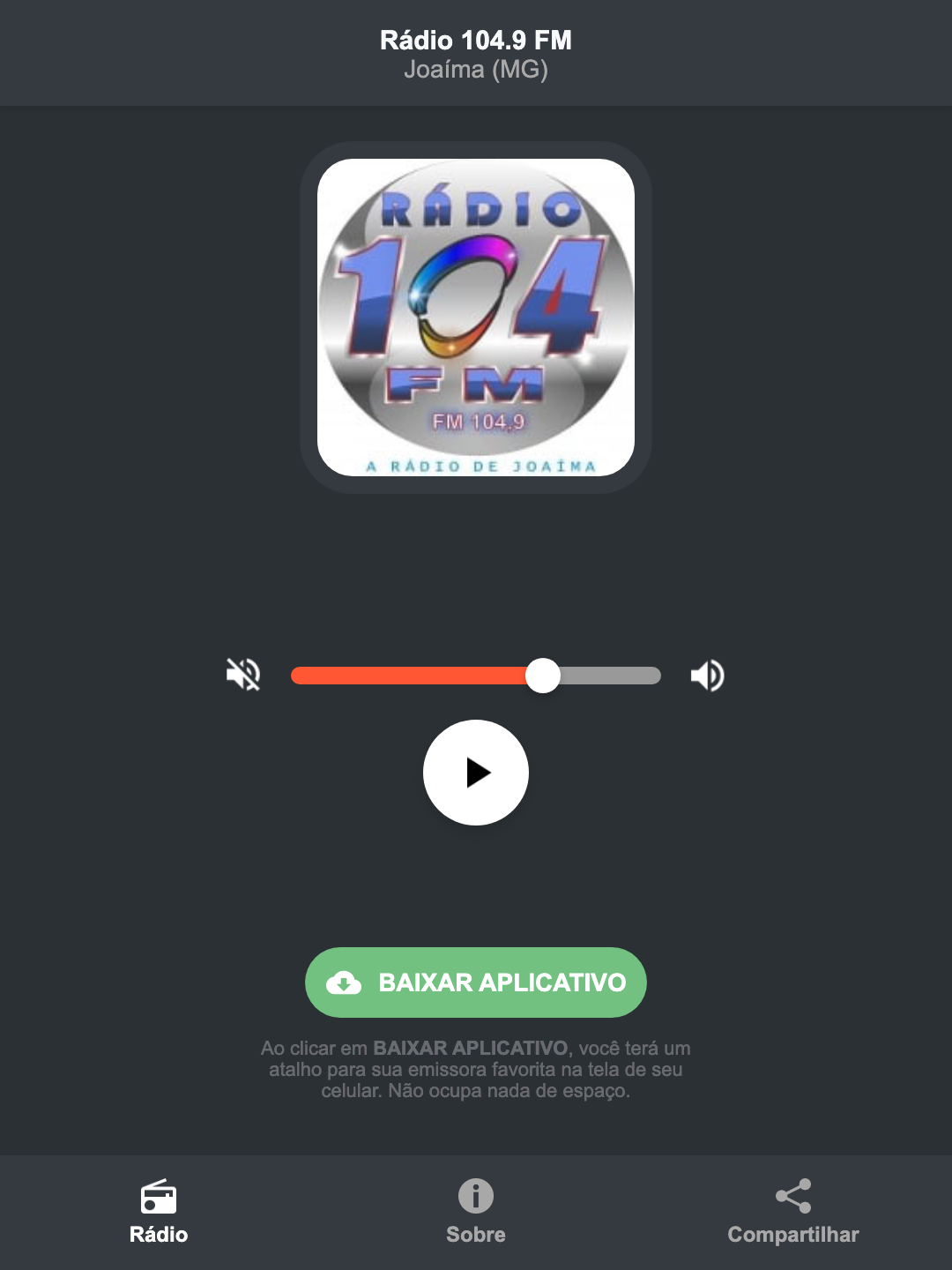 Screenshot do aplicativo da Rádio 104.9 FM