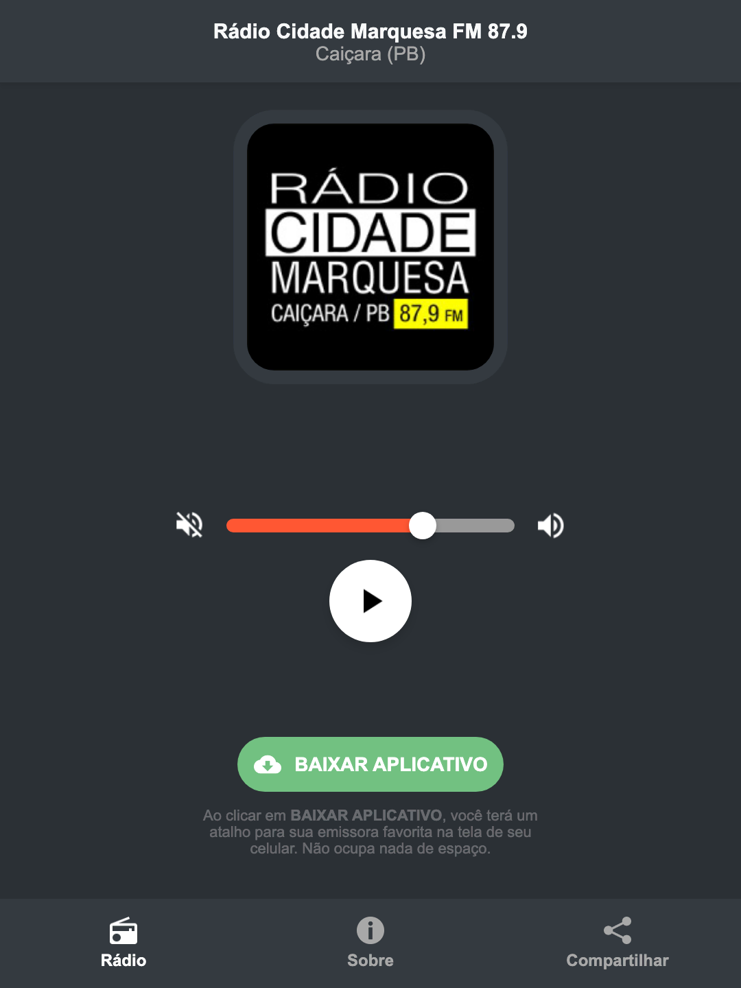 Screenshot do aplicativo da Rádio Cidade Marquesa FM 87.9