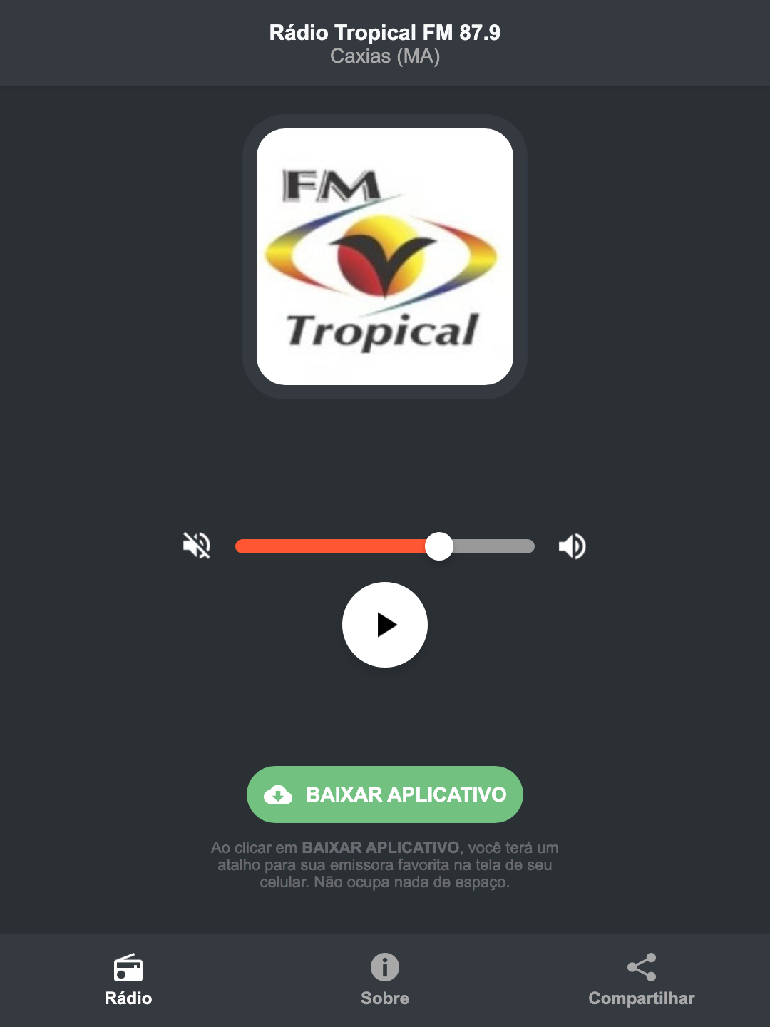 Screenshot do aplicativo da Rádio Tropical FM 87.9