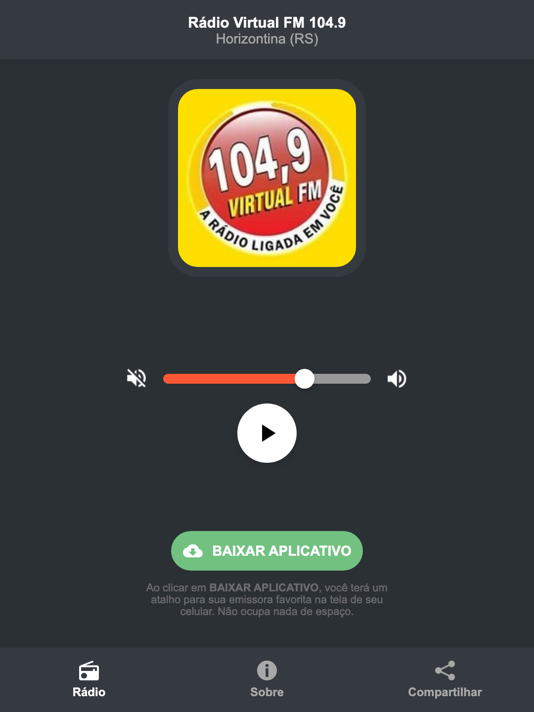Screenshot do aplicativo da Rádio Virtual FM 104.9