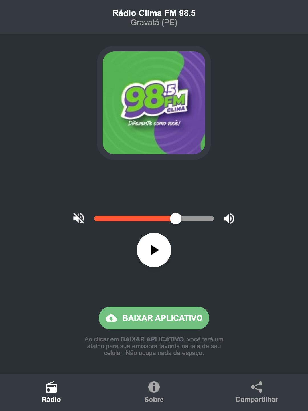 Screenshot do aplicativo da Rádio Clima FM 98.5