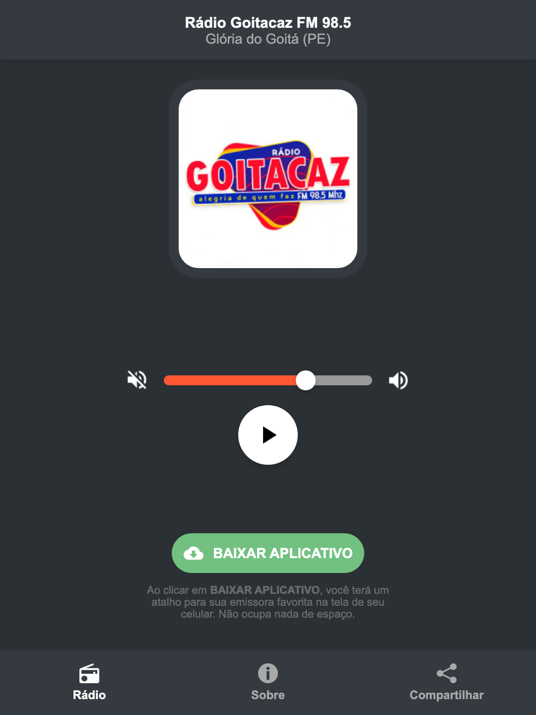 Screenshot do aplicativo da Rádio Goitacaz FM 98.5