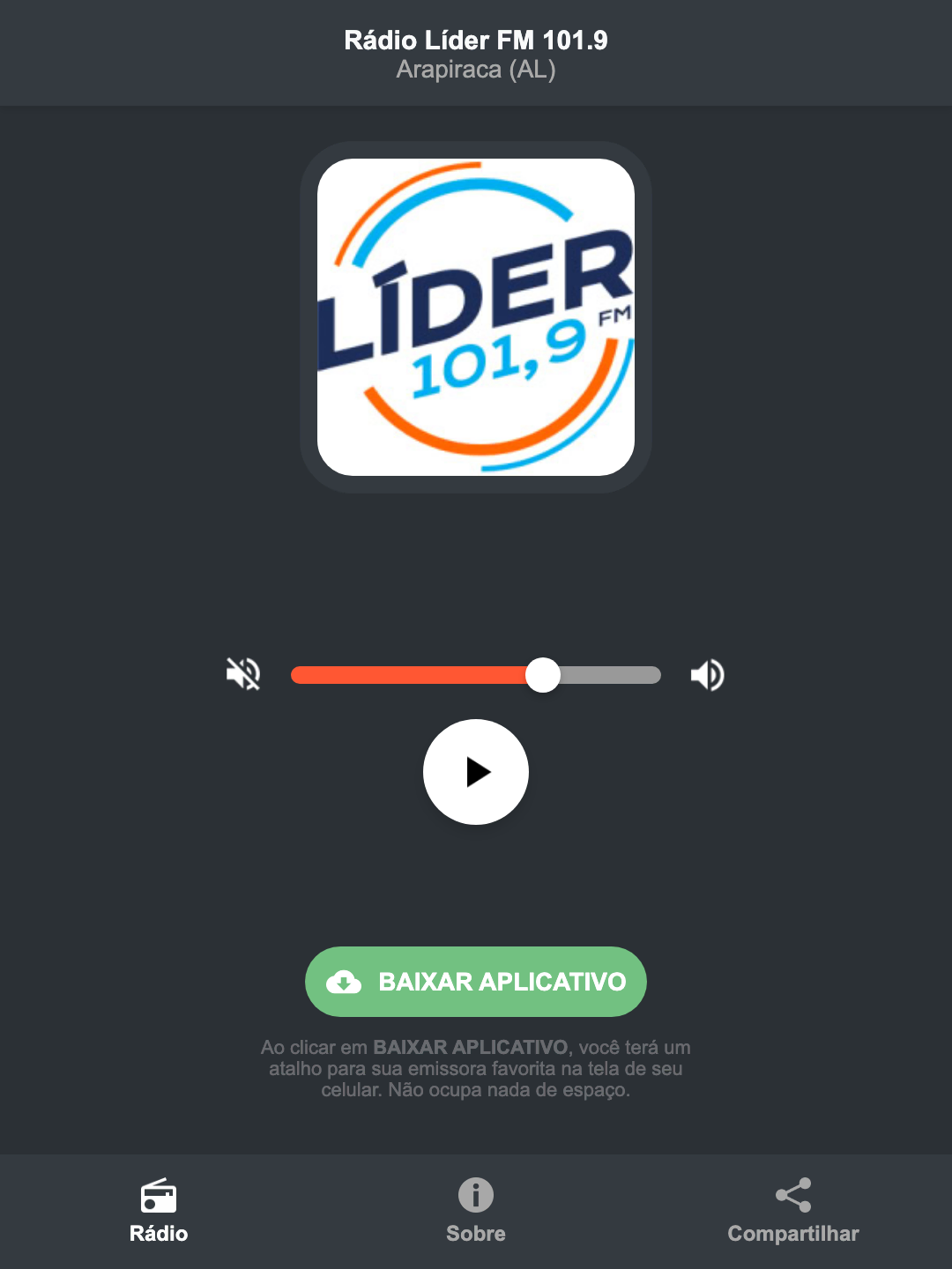 Screenshot do aplicativo da Rádio Líder FM 101.9