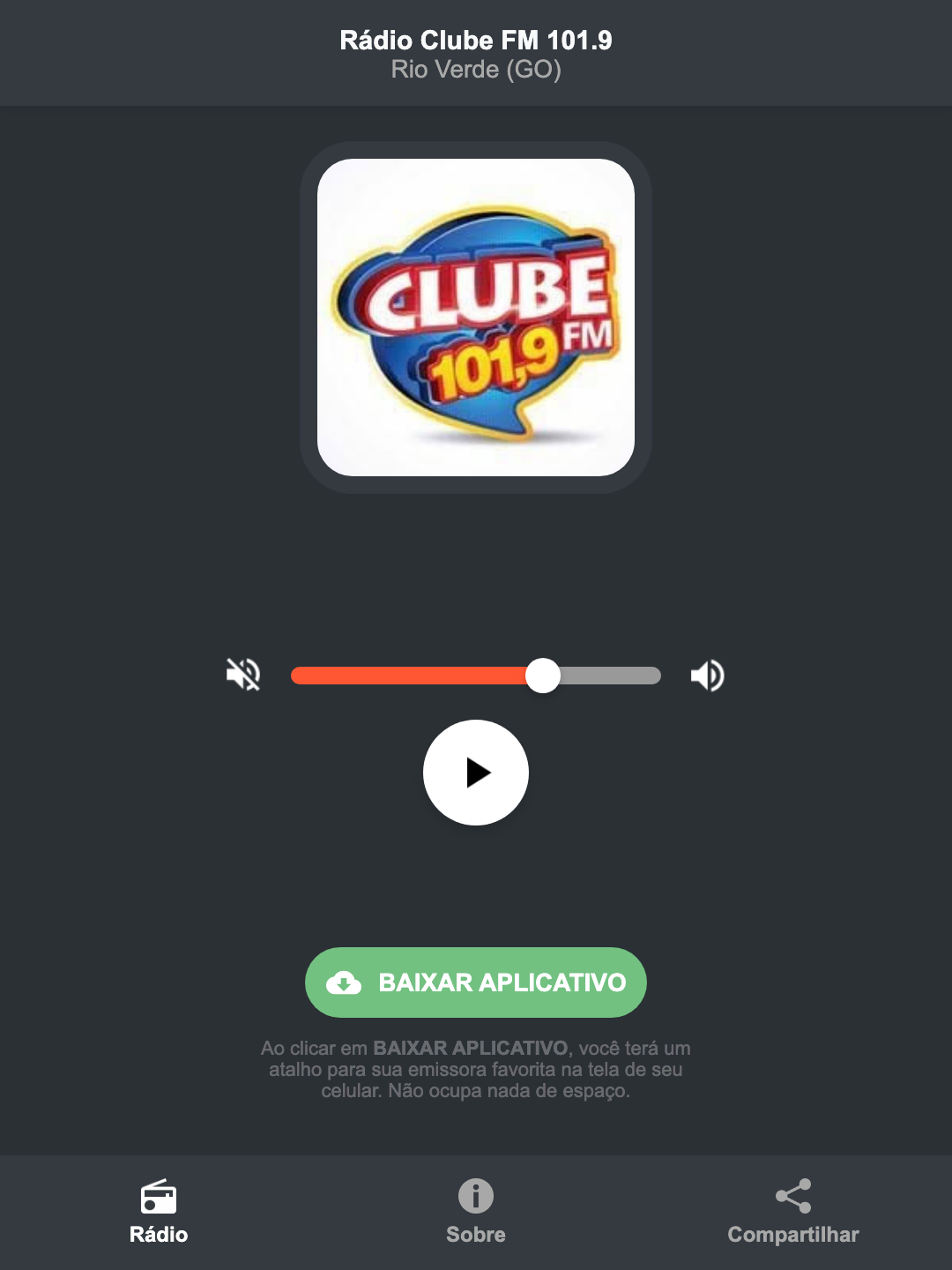 Screenshot do aplicativo da Rádio Clube FM 101.9