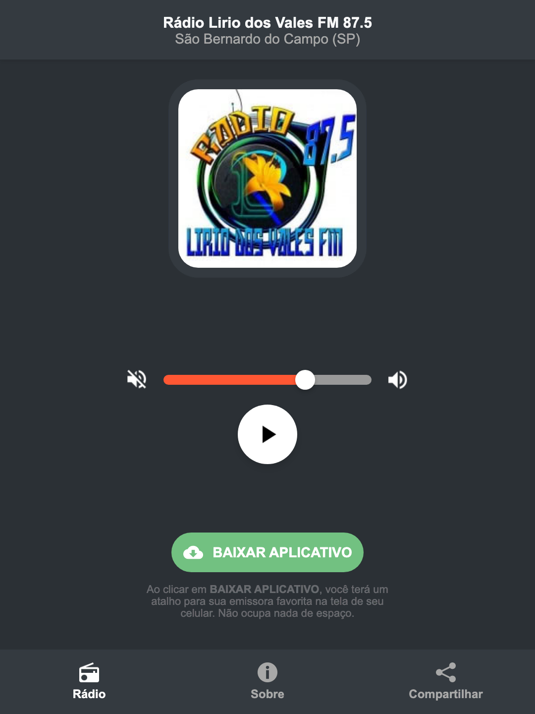 Screenshot do aplicativo da Rádio Lirio dos Vales FM 87.5