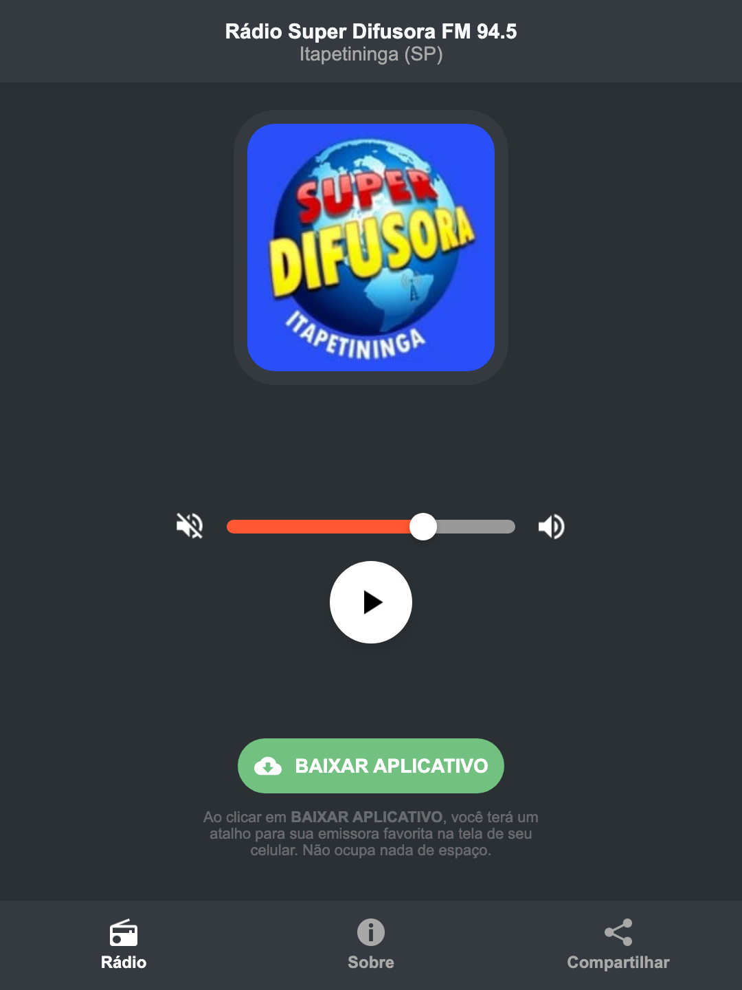Screenshot do aplicativo da Rádio Super Difusora FM 94.5