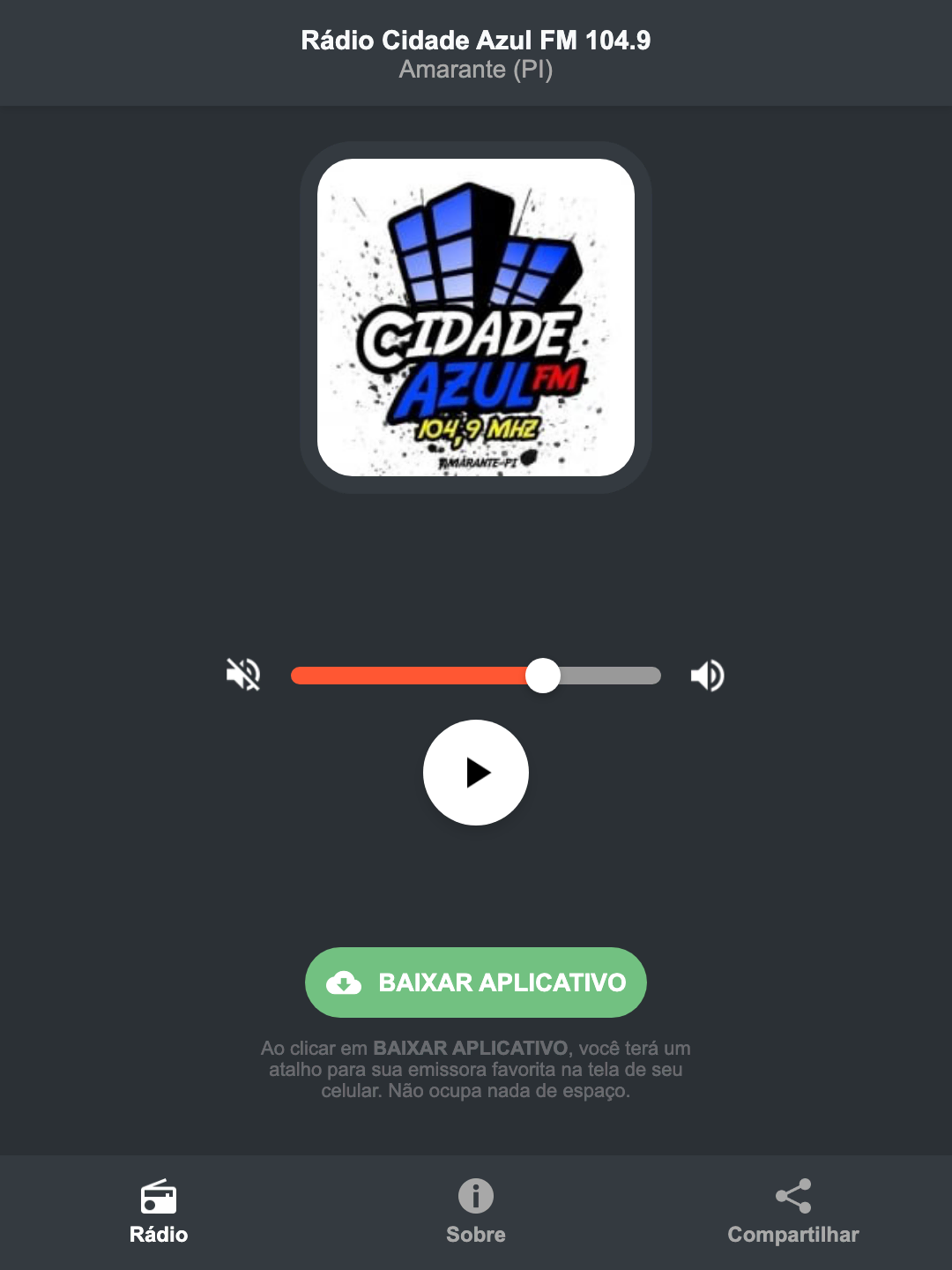 Screenshot do aplicativo da Rádio Cidade Azul FM 104.9