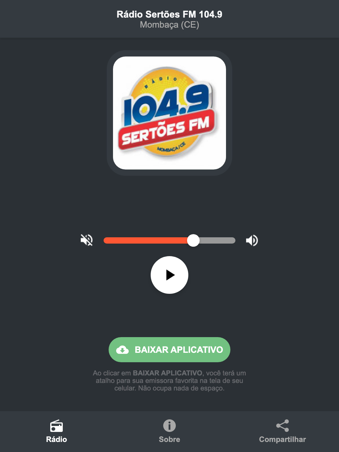 Screenshot do aplicativo da Rádio Sertões FM 104.9