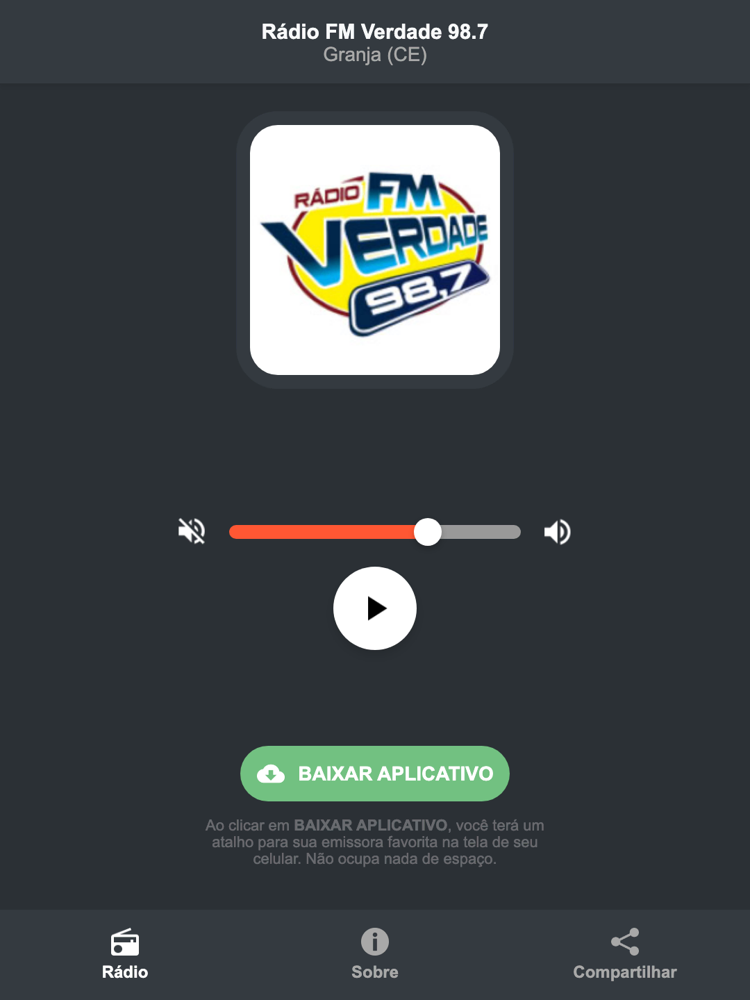 Screenshot do aplicativo da Rádio FM Verdade 98.7